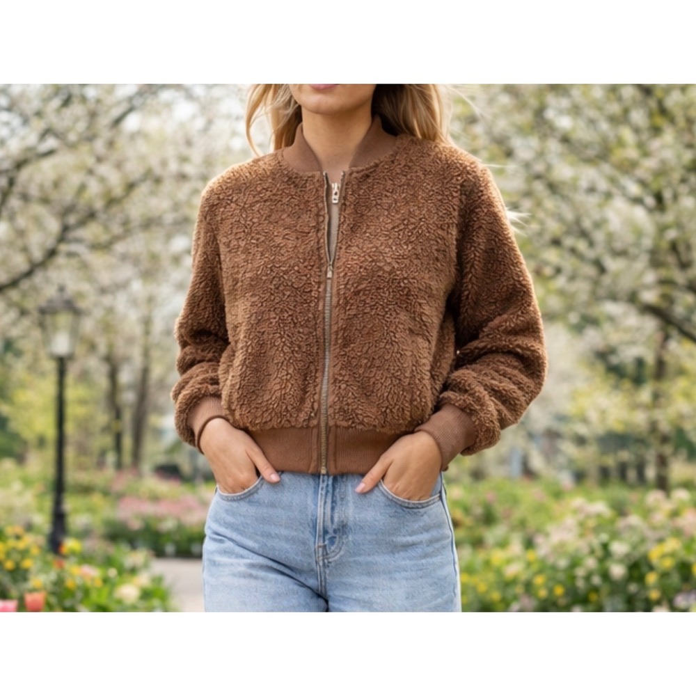 Cozy Teddy Sherpa Zip Jacket Brown Bomber Soft Fleece Minimalist Chic Small